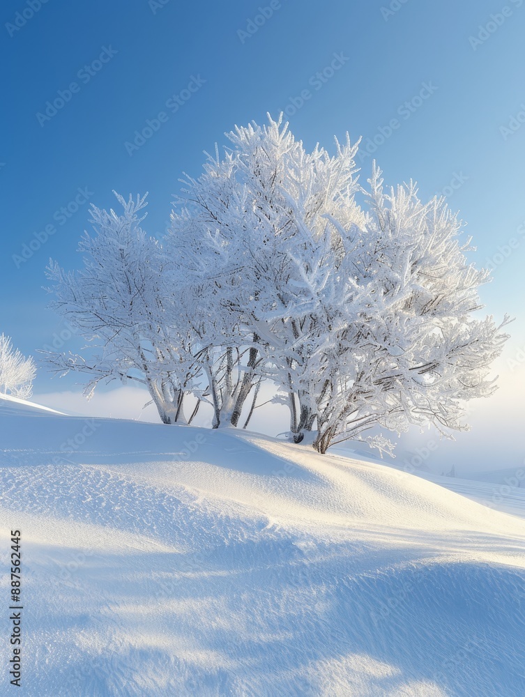 Snowy Trees Against a Blue Sky - A captivating winter landscape featuring snow-covered trees against a vibrant blue sky. The scene exudes a serene and tranquil atmosphere, highlighting the beauty of n Snowy Trees Against a Blue Sky - A captivating winter landscape featuring snow-covered trees against a vibrant blue sky. The scene exudes a serene and tranquil atmosphere, highlighting the beauty of n