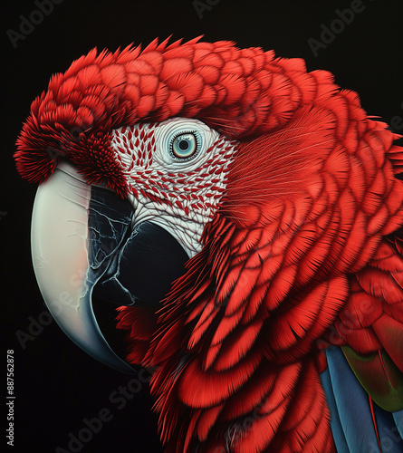 Close up portrait of a vibrant red and blue macaw, exquisitely detailed, captivating gaze against a dark background. photo