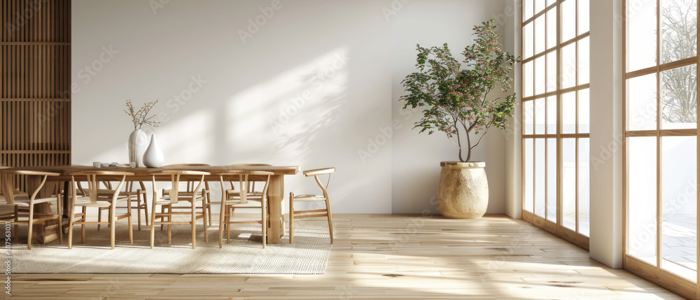 Minimalist dining room with wooden table and chairs, large windows, and potted plant. The space features natural light, neutral tones, and simple decor with a vase. Minimalist dining room with wooden table and chairs, large windows, and potted plant. The space features natural light, neutral tones, and simple decor with a vase.