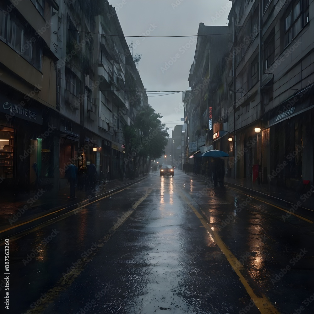 Fototapeta premium Rainy day, and a wonderful picture of town life
