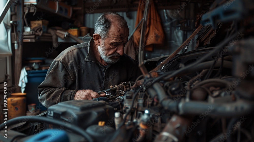 33. A mechanic working fast to repair a car engine in a garage 33. A mechanic working fast to repair a car engine in a garage