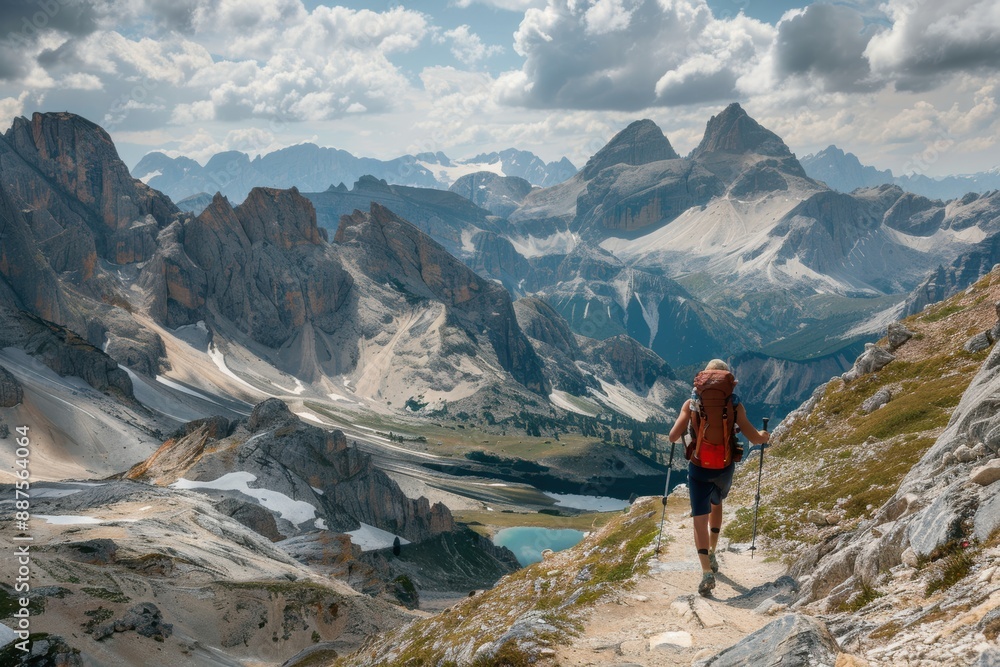 An adventurous hiker trekking through a mountainous trail, with a backpack, walking stick, and breathtaking views of peaks and valleys An adventurous hiker trekking through a mountainous trail, with a backpack, walking stick, and breathtaking views of peaks and valleys