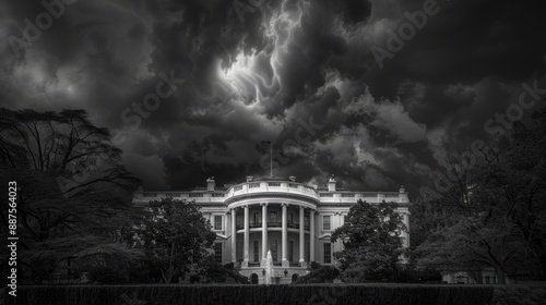 Dramatic black and white photo of White House with storm clouds. The sky is dark and full of motion. Capturing the intensity and grandeur of this iconic structure. 