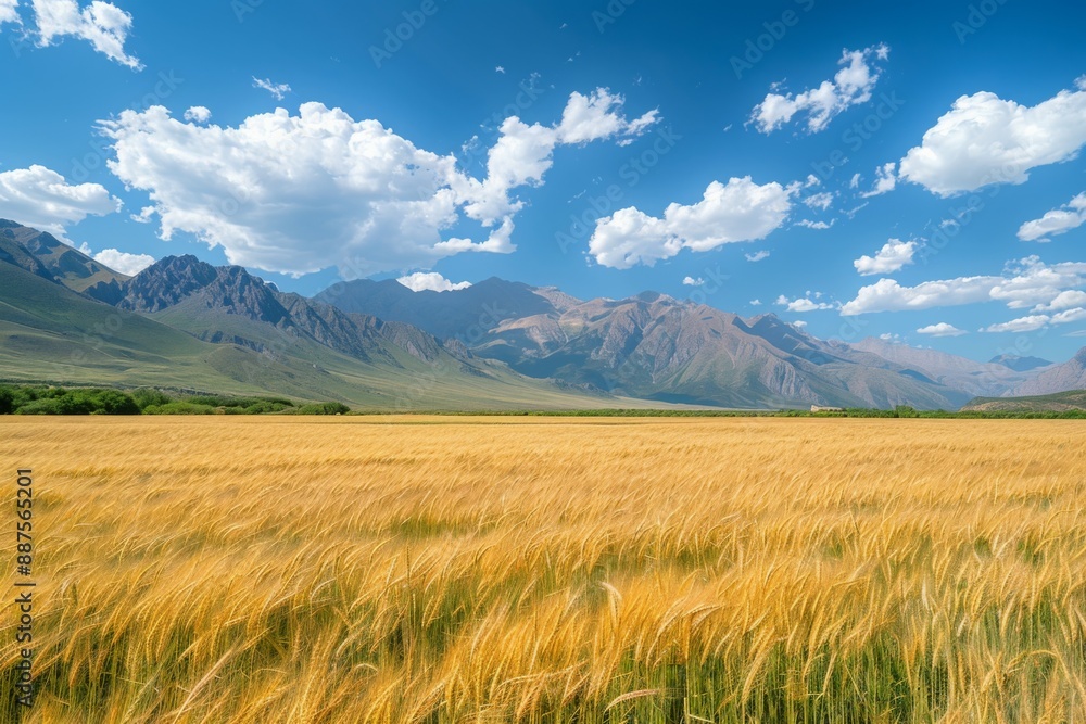 Fototapeta premium Golden Wheat Field with Majestic Mountains and Blue Sky