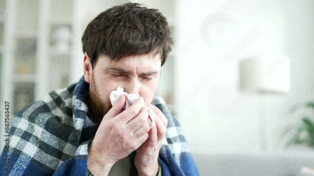 Sick man suffering from a cold wrapped in blanket sitting on sofa in living room at home. A tired bearded male coughs, sneezes, blows his nose with a handkerchief. He has fever or flu. Close up Sick man suffering from a cold wrapped in blanket sitting on sofa in living room at home. A tired bearded male coughs, sneezes, blows his nose with a handkerchief. He has fever or flu. Close up