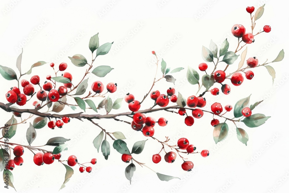 Watercolor Botanical Branch with Red Berries Watercolor Botanical Branch with Red Berries