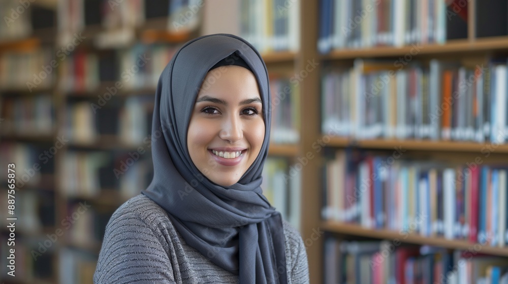 A dedicated female librarian in a hijab and casual outfit smiles warmly, standing in front of a bookshelf with various literature, showcasing her passion for library service and friendly demeanor A dedicated female librarian in a hijab and casual outfit smiles warmly, standing in front of a bookshelf with various literature, showcasing her passion for library service and friendly demeanor