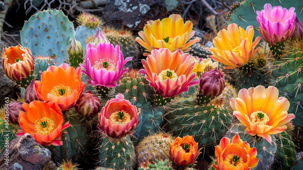 A collection of cactus blooms in a desert garden setting showcasing the striking contrast between the spiky, resilient cacti and their vibrant, delicate flowers A collection of cactus blooms in a desert garden setting showcasing the striking contrast between the spiky, resilient cacti and their vibrant, delicate flowers