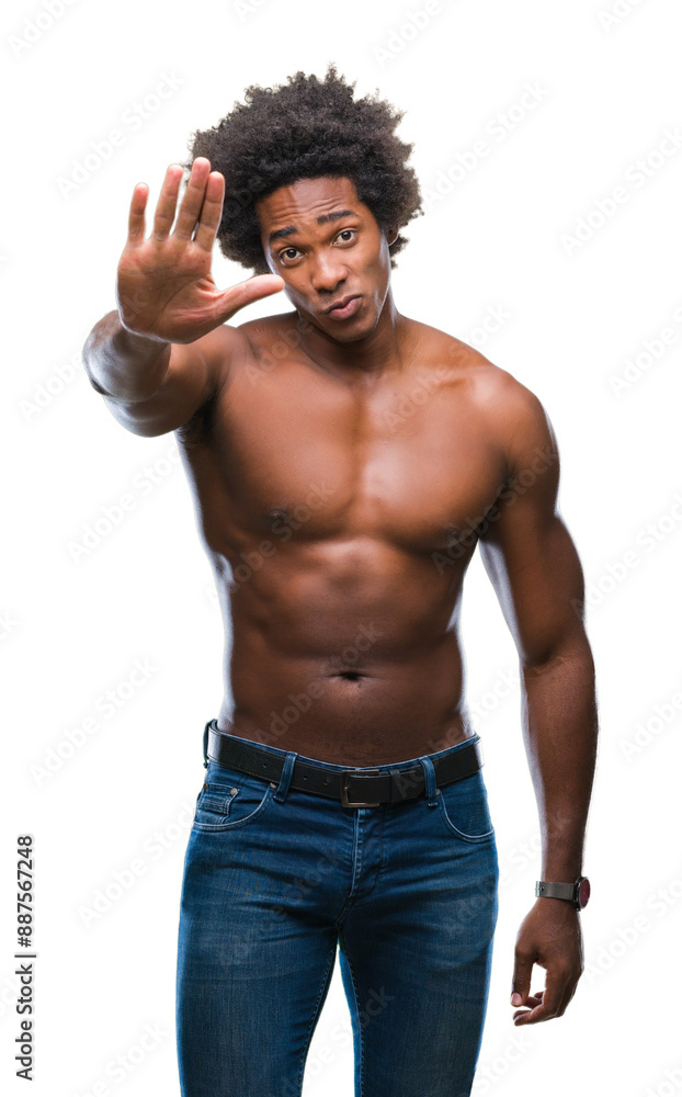 Afro american shirtless man showing nude body over isolated background doing stop sing with palm of the hand. Warning expression with negative and serious gesture on the face. Afro american shirtless man showing nude body over isolated background doing stop sing with palm of the hand. Warning expression with negative and serious gesture on the face.