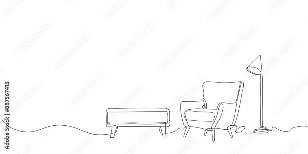 Continuous one line drawing armchair, nightstand and lamp. Living room interior in loft apartment. Modern furniture in simple Linear style. Doodle style Continuous one line drawing armchair, nightstand and lamp. Living room interior in loft apartment. Modern furniture in simple Linear style. Doodle style