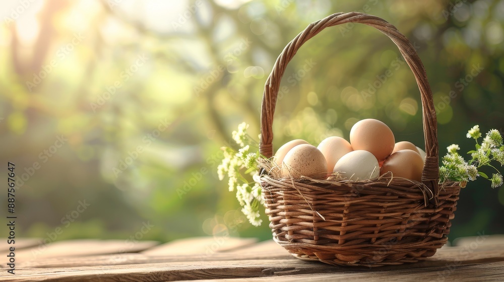 Basket of Fresh Eggs with Flowers - A wicker basket filled with fresh brown and white eggs sits on a wooden table in a rustic setting, with white flowers and a blurry background of nature. Basket of Fresh Eggs with Flowers - A wicker basket filled with fresh brown and white eggs sits on a wooden table in a rustic setting, with white flowers and a blurry background of nature.