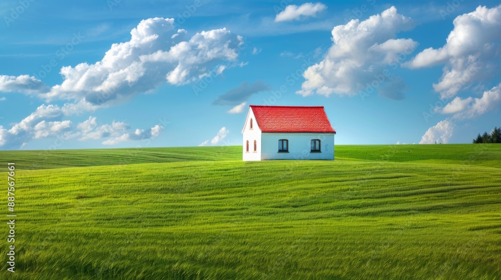 Obraz premium Wide vista of tiny white house with red roof in center of screen,&nbsp;centered on horizon line between blue sky and green fields