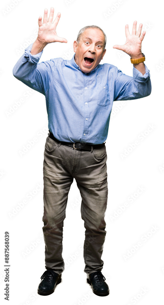 Handsome senior businesss man wearing elegant shirt celebrating crazy and amazed for success with arms raised and open eyes screaming excited. Winner concept Handsome senior businesss man wearing elegant shirt celebrating crazy and amazed for success with arms raised and open eyes screaming excited. Winner concept