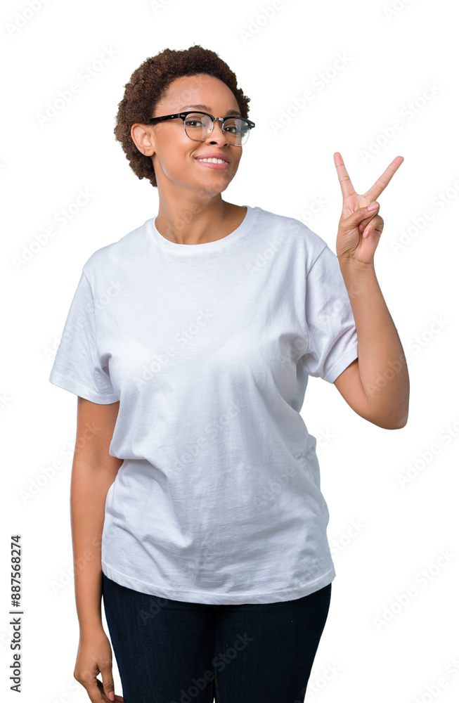 Beautiful young african american woman wearing glasses over isolated background smiling with happy face winking at the camera doing victory sign. Number two. Beautiful young african american woman wearing glasses over isolated background smiling with happy face winking at the camera doing victory sign. Number two.