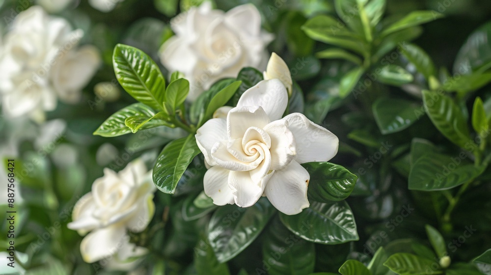 A fragrant gardenia bush in full bloom, the creamy white flowers with their glossy green leaves exuding a sense of purity and freshness, the soft light enhancing the delicate beauty of this classic A fragrant gardenia bush in full bloom, the creamy white flowers with their glossy green leaves exuding a sense of purity and freshness, the soft light enhancing the delicate beauty of this classic