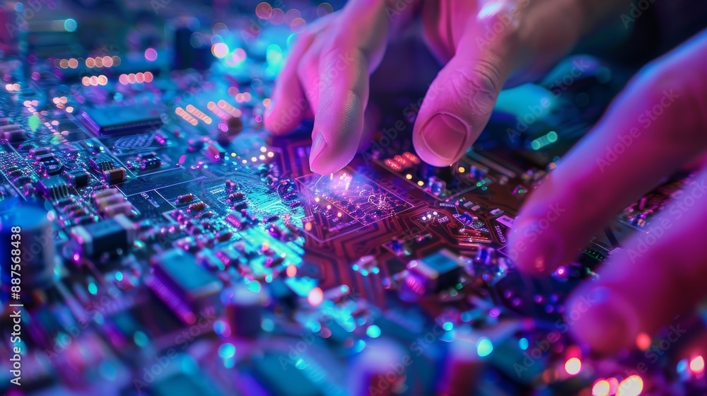 Close up of Hands Working on a Circuit Board - A close-up shot of hands working on a circuit board, highlighting the intricate details of the electronics and the glow of the components. Close up of Hands Working on a Circuit Board - A close-up shot of hands working on a circuit board, highlighting the intricate details of the electronics and the glow of the components.
