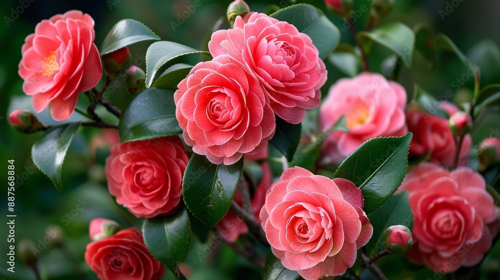 A cluster of camellia flowers in shades of pink and red, their perfectly formed petals and glossy green leaves creating a striking contrast, set against a soft background of greenery, capturing the A cluster of camellia flowers in shades of pink and red, their perfectly formed petals and glossy green leaves creating a striking contrast, set against a soft background of greenery, capturing the