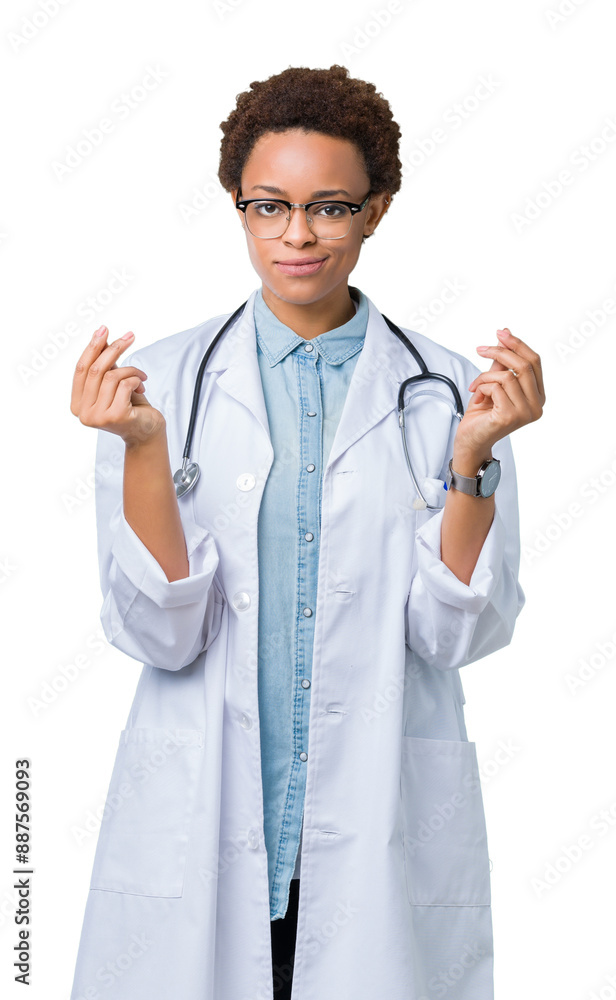 Young african american doctor woman wearing medical coat over isolated background Doing money gesture with hand, asking for salary payment, millionaire business Young african american doctor woman wearing medical coat over isolated background Doing money gesture with hand, asking for salary payment, millionaire business