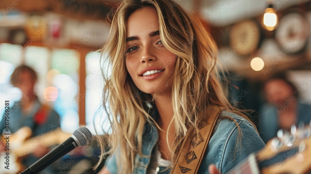 Attractive Female Soloist Playing Guitar And Singing With Her Music Band In A Sound Studio, Passionate And Focused, High Quality Background Attractive Female Soloist Playing Guitar And Singing With Her Music Band In A Sound Studio, Passionate And Focused, High Quality Background