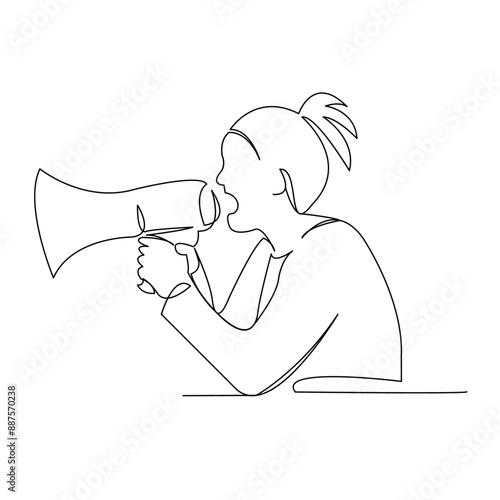 continuous single drawn one line girl woman speaks loudspeaker hand-drawn picture silhouette. line art doodle