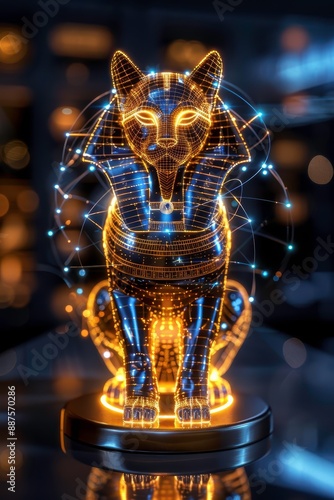 Futuristic digital rendering of an Egyptian cat statue illuminated with neon lights, surrounded by a starry network in a dark background.