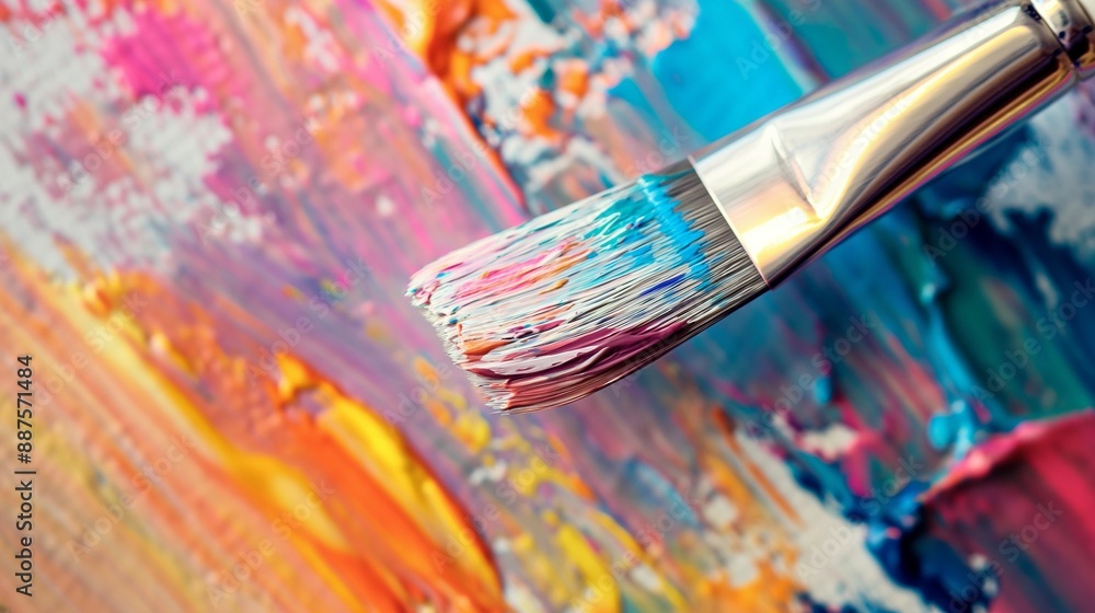Close-up of a paintbrush applying vibrant paint on a canvas. Close-up of a paintbrush applying vibrant paint on a canvas.