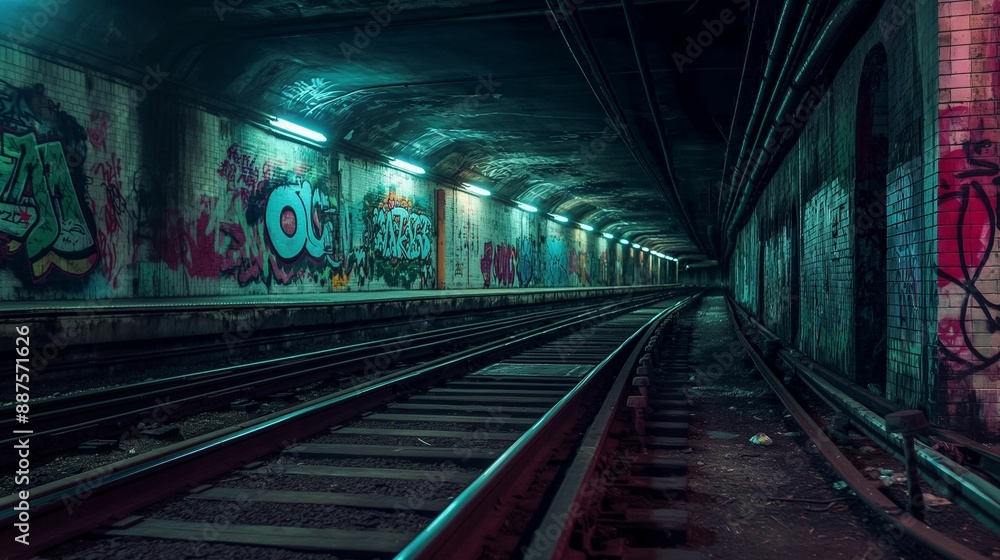 Graffiti-covered walls inside an empty subway tunnel with train tracks under dim blue lighting. Graffiti-covered walls inside an empty subway tunnel with train tracks under dim blue lighting.