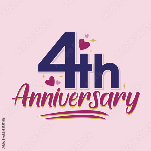 4th anniversary logo with modern luxury text and red hearts elements. 4 years anniversary celebration banner, poster, greeting card. 4th birthday template, badge, label. Vector illustration.