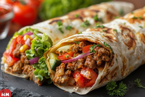 Shawarma wrapped in pita bread with meat and vegetables on the table