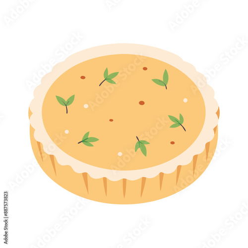 cartoon illustration of quiche, golden brown, adorned with green herbs