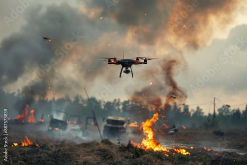 Battle drones with background explosions in a field