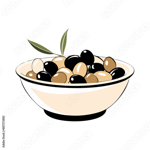 vector line art of bowl filled with black and green olives with pair of leaves