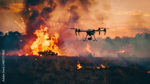 Drone flying over fiery battleground during sunset hours