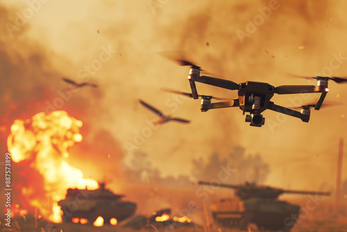 Drone surveilling tanks amidst a battlefield inferno © GoodandEvil