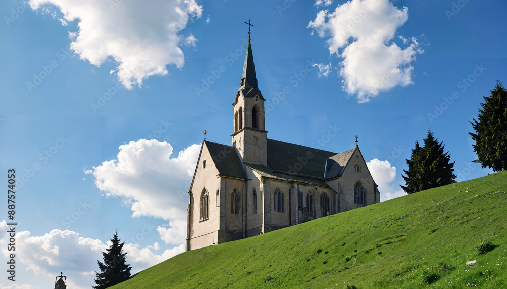 Église sur la colline sous un ciel bleu Église sur la colline sous un ciel bleu