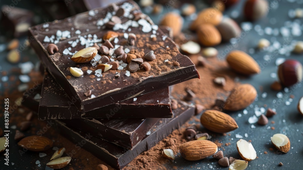 Artisan dark chocolate bars sprinkled with sea salt, almonds, and hazelnuts Artisan dark chocolate bars sprinkled with sea salt, almonds, and hazelnuts
