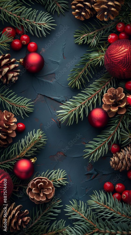 fir branches with Christmas balls and holy berries