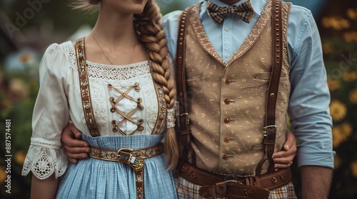 Close up of the intricate details of a woman's dirndl and a man's lederhosen at a Bavarian festival Stock Photo with copy space photo