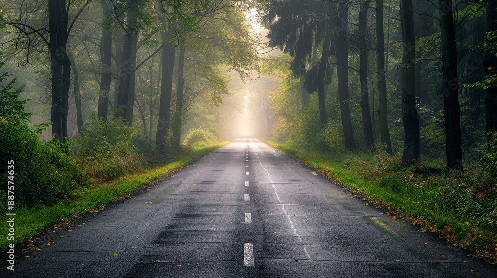 Obraz premium Mysterious Foggy Forest Road - A misty road winds through a lush forest, bathed in golden light. The path ahead is shrouded in mystery, inviting the viewer to imagine the journey that lies ahead.