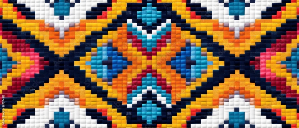 Colorful ethnic geometric fabric design in cross stitch, featuring detailed patterns and bright hues Colorful ethnic geometric fabric design in cross stitch, featuring detailed patterns and bright hues