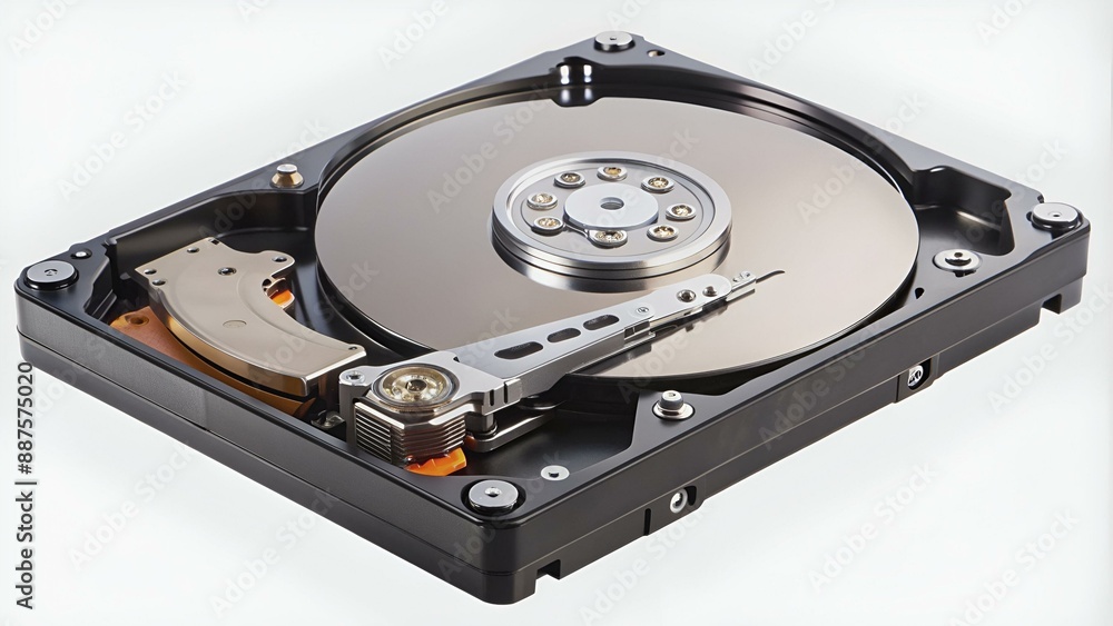 Hard drive isolated on white background. HDD. Major components of a 3.5-inch SATA hard disk drive: platter, spindle, actuator, actuator arm. Disk head above the plates Hard drive isolated on white background. HDD. Major components of a 3.5-inch SATA hard disk drive: platter, spindle, actuator, actuator arm. Disk head above the plates