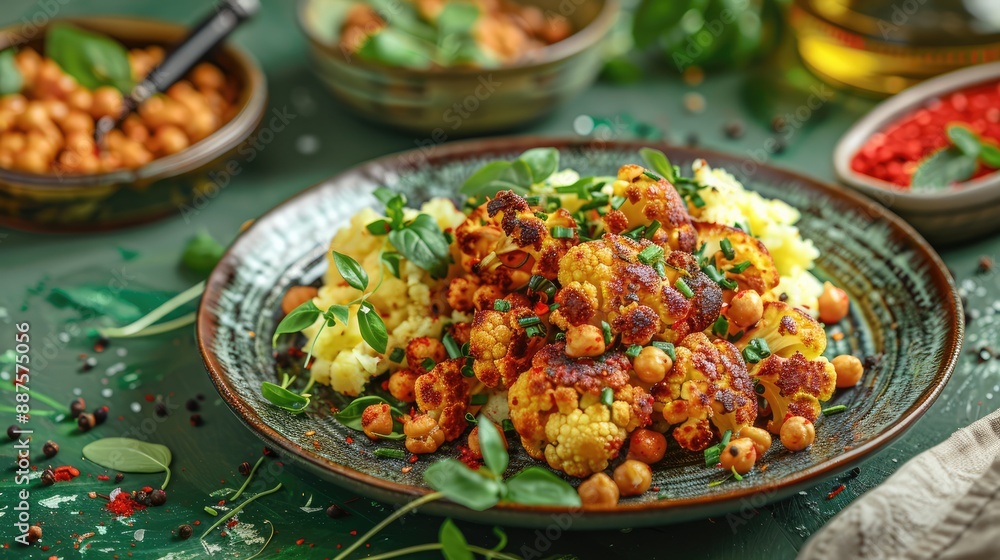 Delicious Roasted Cauliflower with Mashed Potatoes and Spiced Harissa Chickpeas on Ceramic Plate Delicious Roasted Cauliflower with Mashed Potatoes and Spiced Harissa Chickpeas on Ceramic Plate