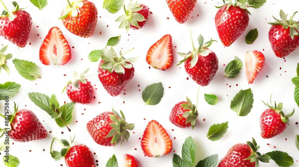 Strawberries and half slices suspended in the air Strawberries and half slices suspended in the air