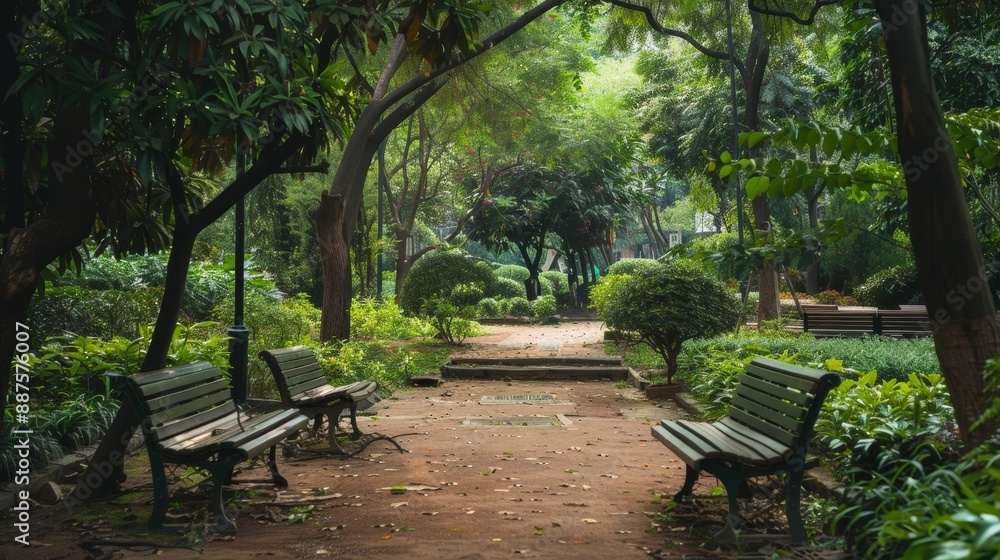 Serene Walkway in a Lush Garden - A tranquil path lined with benches leads through a verdant garden, inviting peaceful contemplation amidst nature's embrace. Serene Walkway in a Lush Garden - A tranquil path lined with benches leads through a verdant garden, inviting peaceful contemplation amidst nature's embrace.