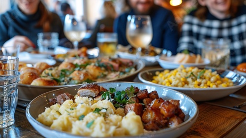 Wallpaper Mural A detailed view of traditional Bavarian plates filled with hearty dishes like pork knuckles and potato dumplings with diners enjoying their meals in the background Stock Photo with copy space Torontodigital.ca