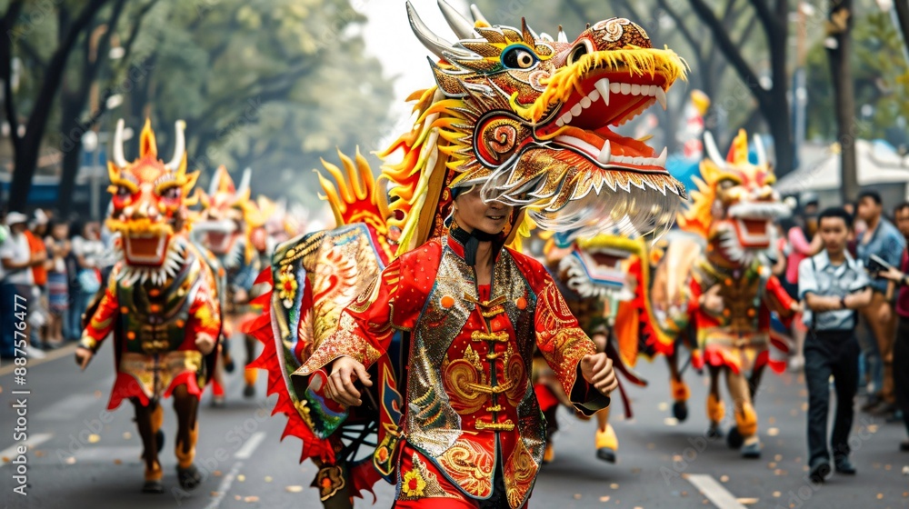 Fototapeta premium A colorful parade featuring elaborately decorated floats and horse-drawn carriages moving through a crowded street with participants in traditional costumes Stock Photo with copy space