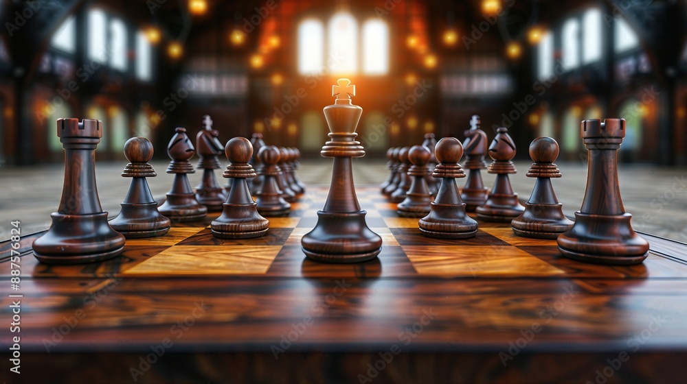 A beautifully crafted wooden chess set arranged for a game in a grand hall with warm lighting creating an elegant and strategic atmosphere. A beautifully crafted wooden chess set arranged for a game in a grand hall with warm lighting creating an elegant and strategic atmosphere.