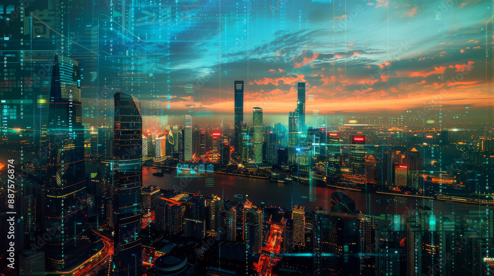 Fototapeta premium Financial data processing in cityscapes shows how finance, business, and digital interfaces are globally connected.