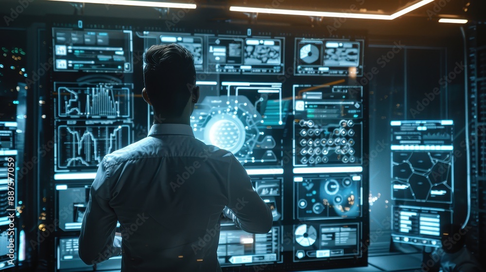 An IT expert with multiple holographic displays open, each showing different aspects of AI and machine learning models, focusing on security layers. An IT expert with multiple holographic displays open, each showing different aspects of AI and machine learning models, focusing on security layers.