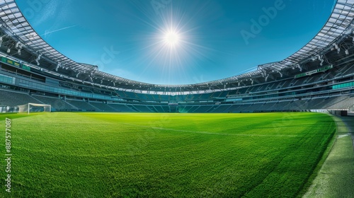 Stadium with Green Grass and a Bright Sunny Day - A panoramic view of a stadium with green grass and a bright sunny day.